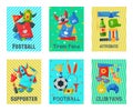 Football fan attributes set of cards, banners vector illustration. Soccer sport fan attribute rooter buff man