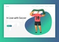 Football Fan Character Landing Page. Happy Rooter Celebrate in Red Uniform Soccer Event Victory with Flag Concept