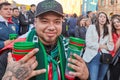 Football fan with empty glasses of beer, Russia, St. Petersburg.