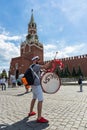 Football fan of Poland with a drum on Red Square in Moscow Royalty Free Stock Photo