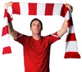 Football fan in red holding scarf Royalty Free Stock Photo