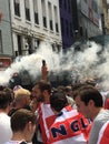 Football fans of England with the national flag glorify their team in the World Cup before the match