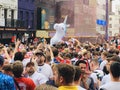 Football fans of England with the national flag glorify their team in the World Cup before the match