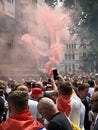 Football fans of England with the national flag glorify their team in the World Cup before the match