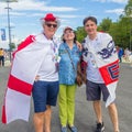 Football fans of England with the national flag glorify their team in the World Cup before the match England Sweden Royalty Free Stock Photo