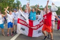 Football fans of England with the national flag glorify their team in the World Cup before the match England Sweden Royalty Free Stock Photo