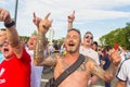 Football fans of England with the national flag glorify their team in the World Cup before the match England Sweden Royalty Free Stock Photo