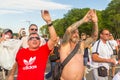 Football fans of England with the national flag glorify their team in the World Cup before the match England Sweden Royalty Free Stock Photo