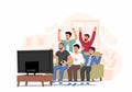 Football fans, friends watching match on TV at home. Men sitting on couch and celebrating soccer team winning or goal