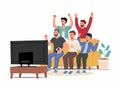 Football fans, friends watching match on TV. Men sitting on couch and celebrating soccer team winning or goal