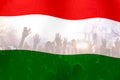 football fans supporting Hungary - crowd celebrating in stadium with raised hands against Hungary flag Royalty Free Stock Photo