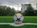 Football field, astro turf surface. Close up of throw in, kick off and corner area. Lushed green football pitch Royalty Free Stock Photo