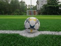 Football field, astro turf surface. Close up of throw in, kick off and corner area. Lushed green football pitch Royalty Free Stock Photo