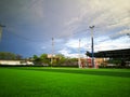 Football field, astro turf surface. Close up of throw in, kick off and corner area. Lushed green football pitch Royalty Free Stock Photo