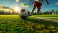 On a football field, a ball is kicked Royalty Free Stock Photo