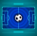 Football field with circular grass texture and soccer ball, blue and aqua color combination Royalty Free Stock Photo