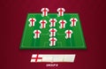 Football field with England team lineup for European competition