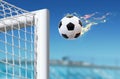 Football flies in goalkeeper gate Royalty Free Stock Photo