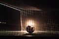 A football goal without a goalkeeper - a ball flying into the net - dark light from spotlights created with generative AI