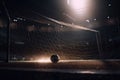 A football goal without a goalkeeper - a ball flying into the net - dark light from spotlights created with generative AI