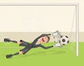 Football goalkeeper catches ball. Penalty kick in soccer