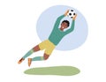 Football goalkeeper isolated. Soccer goalie player jumping and catching ball. Flat vector illustration of african american man Royalty Free Stock Photo