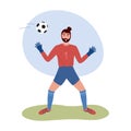 Football goalkeeper isolated. Soccer goalie player stnding and catching ball. Flat vector illustration of focused professional man