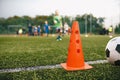 Football Grass Training Field. Soccer Equipment on Grass Pitch Royalty Free Stock Photo