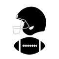 Football helmet and ball. Black rugby equipment on white background