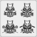 Football, lacrosse, baseball and hockey logos and labels. Sport club emblems with fox.