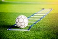 Football between ladder drills on green artificial turf for foot