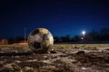 a football left behind on a deserted sports field under the starry sky