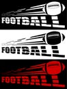 Football lettering broken by flying american football. Sport equipment. Active lifestyle. Vector