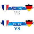 Football match scoreboard with shield shapes and blue color lower thirds template for sports like soccer and football. France VS Royalty Free Stock Photo