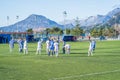 Football match between teams Mornar of the Bar town and Grbalj of Budva Royalty Free Stock Photo