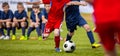 Football match for young players. Training and football soccer tournament for children Royalty Free Stock Photo