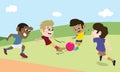 Mixed Race Kids playing football soccer outdoor in public park with friends. Royalty Free Stock Photo