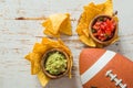 Football party food, super bowl day, nachos salsa guacamole