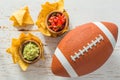 Football party food, super bowl day, nachos salsa guacamole Royalty Free Stock Photo