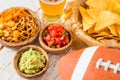 Football party food, super bowl day, nachos salsa guacamole Royalty Free Stock Photo