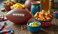 Football party snacks with chicken bites and dips on rustic table Royalty Free Stock Photo