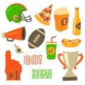 Football party vector icon set. Super bowl celebration. American football vintage retro style. Sport game Helmet, award, cup,