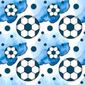 Football pattern. Seamless pattern with ball and watercolor blot. Background for wrapping paper, socks, clothing, stationery, web