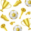 Football pattern with winner attributes like golden boot, cup trophey, golden ball and whistle and horn on white Royalty Free Stock Photo