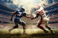 football player in action. mixed media, American Footballers Battling it Out on Field with Stadium in Background, AI Generated Royalty Free Stock Photo