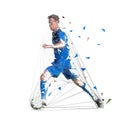 Football player in blue jersey running with ball, abstract low poly vector drawing. Soccer player, isolated geometric colorful Royalty Free Stock Photo