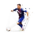 Football player in dark blue jersey running with ball, abstract low poly vector drawing. Soccer, team sport. Isolated geometric Royalty Free Stock Photo