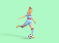 football player girl kicks a soccer ball on a green background 3d-rendering Royalty Free Stock Photo