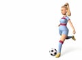 football player girl kicks a soccer ball on a white background 3d-rendering Royalty Free Stock Photo