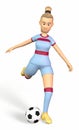 football player girl kicks a soccer ball on a white background 3d-rendering Royalty Free Stock Photo